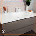 Mueble lavamanos con superficie en resina acrílica y mueble empotrado enchapado en fórmica